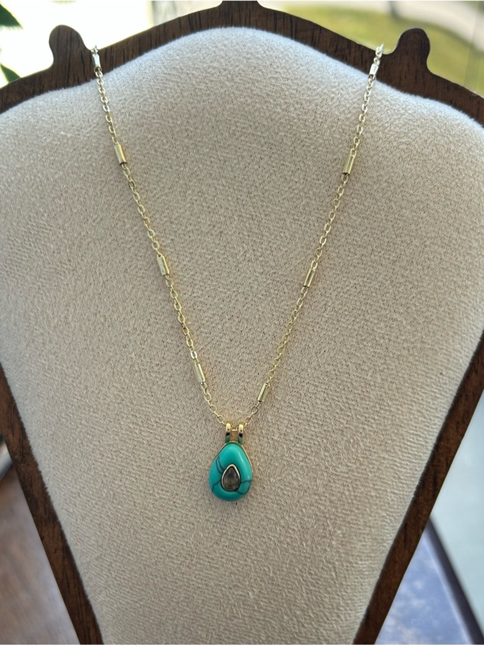 Gold Chain Necklace with Turquoise Teardrop Pendant - Women Jewelry